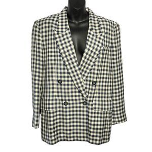 Vintage Liz Claiborne navy checkered double breasted button longline blazer